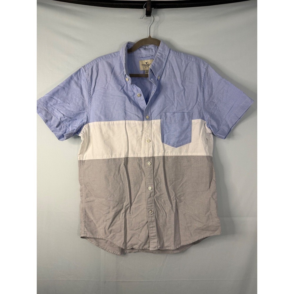 American Eagle Short Sleeve Button Down Mens Large Blue Colorblock Oxford Shirt